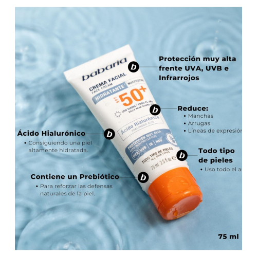 Babaria - Feuchtigkeitsspendende Gesichtssonnencreme SPF50+ - Hyaluronsäure