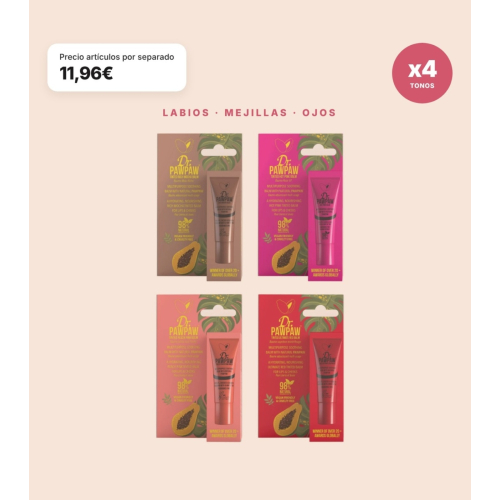Dr. PAWPAW - Pack 4 Multifunktions-Lippenbalsame mit Color Ultimate Red, Rich Mocha, Hot Pink und Peach Pink für Lippen, Wangen und Augen