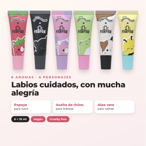 Dr. PAWPAW - Squishmallows Komplettset | 6 feuchtigkeitsspendende Lippenbalsame mit Aromen, inspiriert von adorablen Charakteren und einer Formel, angereichert mit Papaya-Extrakt