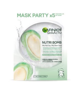 Garnier - Packung mit 5 pflegenden und reparierenden Gesichtsmasken Nutri Bomb - Mandelmilch