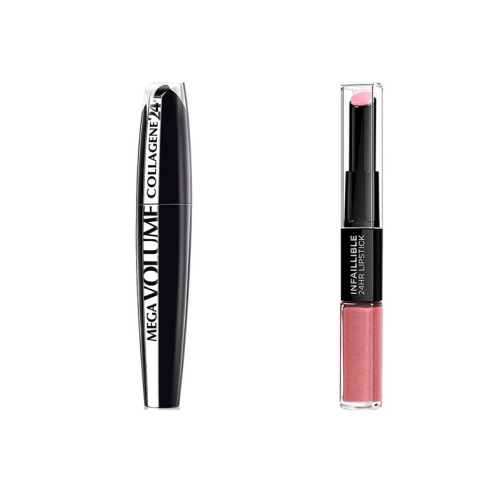 Loreal Paris - Catwalk Look Set - Mega Volume Collagen Mascara + Flüssiger Lippenstift Infaillible 24H 100: Timeless Rose