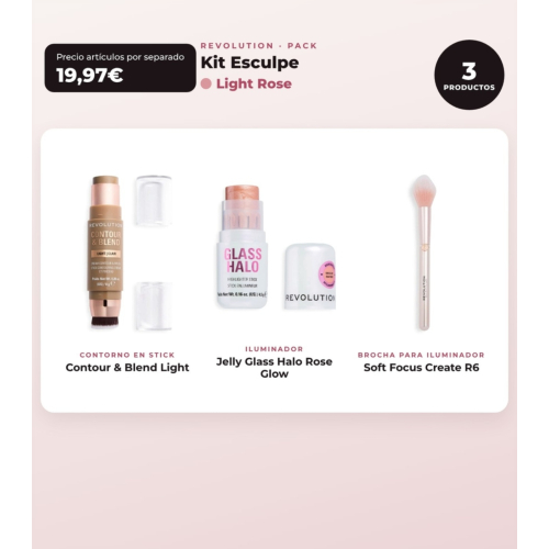 Makeup Revolution - Konturstift-Set Reloaded Contour & Blend - Light + Highlighter Jelly Glass Halo - Rose Glow + Highlighter-Pinsel Soft Focus Create - R6