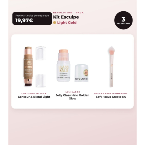 Makeup Revolution - Konturstift-Set Reloaded Contour & Blend - Light + Highlighter Jelly Glass Halo - Golden Glow + Highlighter-Pinsel Soft Focus Create - R6