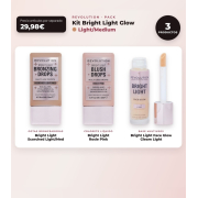 Makeup Revolution - Set mit bronzierenden Tropfen Bright Light - Scorched Light/ Med + flüssigem Rouge Bright Light - Rosie Pink + multifunktionaler Basis Bright Light Face Glow - Gleam Light
