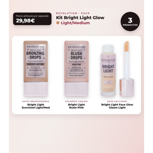 Makeup Revolution - Set mit bronzierenden Tropfen Bright Light - Scorched Light/ Med + flüssigem Rouge Bright Light - Rosie Pink + multifunktionaler Basis Bright Light Face Glow - Gleam Light