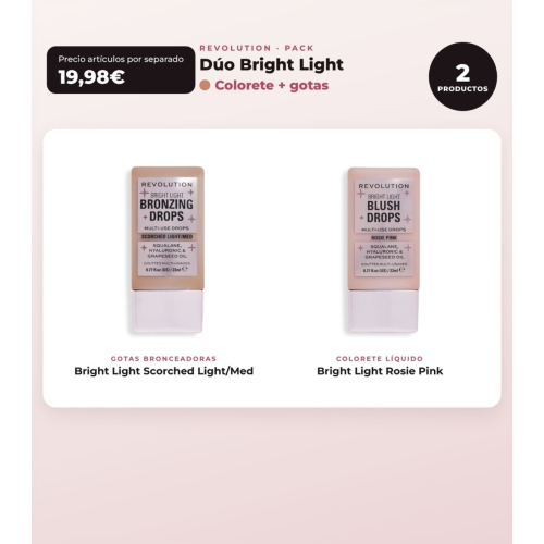 Makeup Revolution - Set mit bronzenden Tropfen Bright Light - Scorched Light/ Med + flüssigem Rouge Bright Light - Rosie Pink