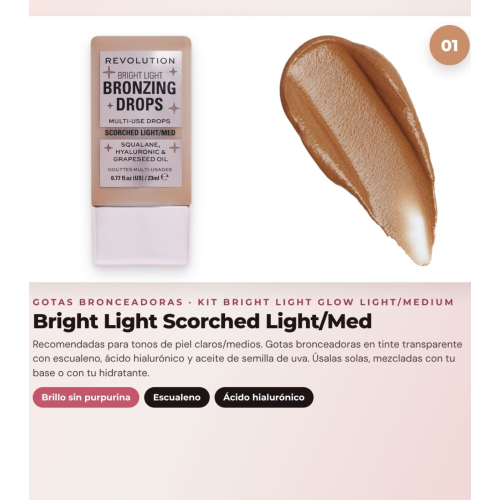 Makeup Revolution - Set mit bronzierenden Tropfen Bright Light - Scorched Light/ Med + flüssigem Rouge Bright Light - Rosie Pink + multifunktionaler Basis Bright Light Face Glow - Gleam Light
