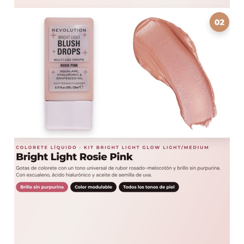 Makeup Revolution - Set mit bronzierenden Tropfen Bright Light - Scorched Light/ Med + flüssigem Rouge Bright Light - Rosie Pink + multifunktionaler Basis Bright Light Face Glow - Gleam Light