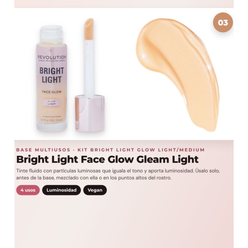 Makeup Revolution - Set mit bronzierenden Tropfen Bright Light - Scorched Light/ Med + flüssigem Rouge Bright Light - Rosie Pink + multifunktionaler Basis Bright Light Face Glow - Gleam Light