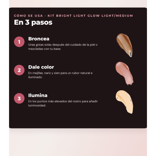 Makeup Revolution - Set mit bronzierenden Tropfen Bright Light - Scorched Light/ Med + flüssigem Rouge Bright Light - Rosie Pink + multifunktionaler Basis Bright Light Face Glow - Gleam Light
