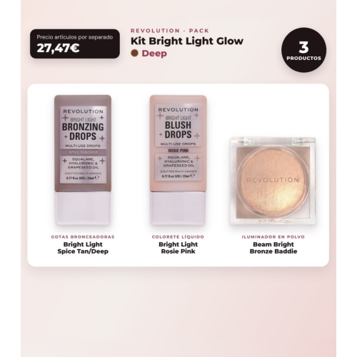 Makeup Revolution - Set aus bronzierenden Tropfen Bright Light - Spice Tan/Deep + flüssigem Rouge Bright Light - Rosie Pink + Puderhighlighter Beam Bright - Bronze Baddie