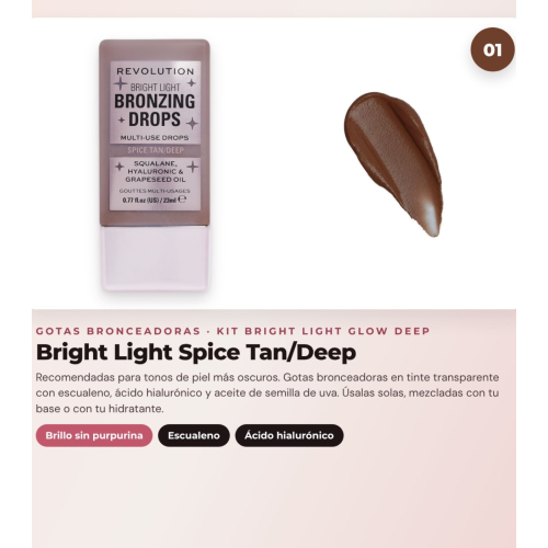 Makeup Revolution - Set aus bronzierenden Tropfen Bright Light - Spice Tan/Deep + flüssigem Rouge Bright Light - Rosie Pink + Puderhighlighter Beam Bright - Bronze Baddie