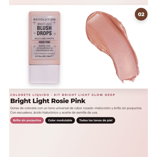 Makeup Revolution - Set aus bronzierenden Tropfen Bright Light - Spice Tan/Deep + flüssigem Rouge Bright Light - Rosie Pink + Puderhighlighter Beam Bright - Bronze Baddie