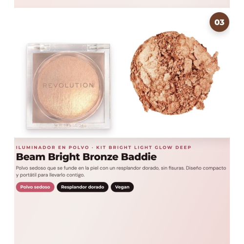 Makeup Revolution - Set aus bronzierenden Tropfen Bright Light - Spice Tan/Deep + flüssigem Rouge Bright Light - Rosie Pink + Puderhighlighter Beam Bright - Bronze Baddie