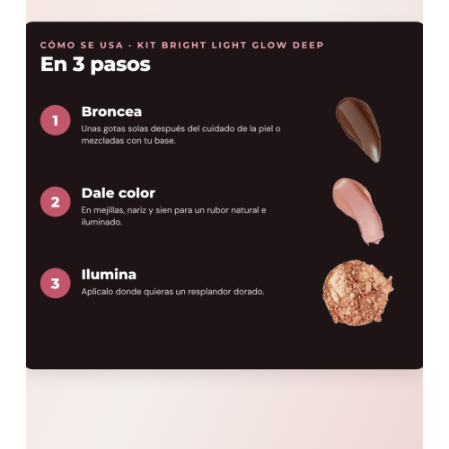 Makeup Revolution - Set aus bronzierenden Tropfen Bright Light - Spice Tan/Deep + flüssigem Rouge Bright Light - Rosie Pink + Puderhighlighter Beam Bright - Bronze Baddie