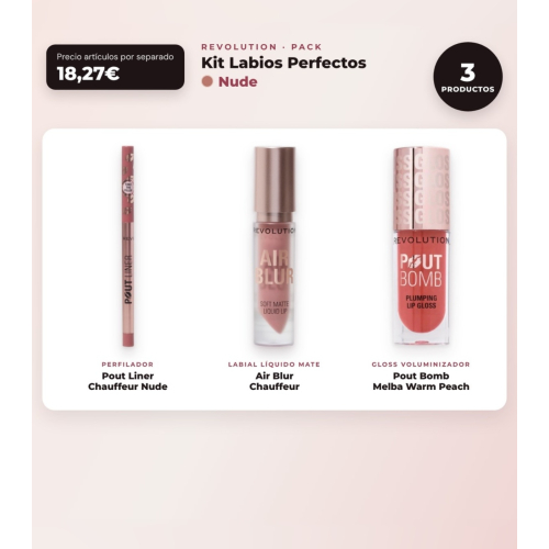 Makeup Revolution - Set mit Lippenkonturenstift Pout Liner - Chauffeur Nude + mattem flüssigem Lippenstift Air Blur - Chauffeur + volumisierendem Lipgloss Pout Bomb - Melba Warm Peach