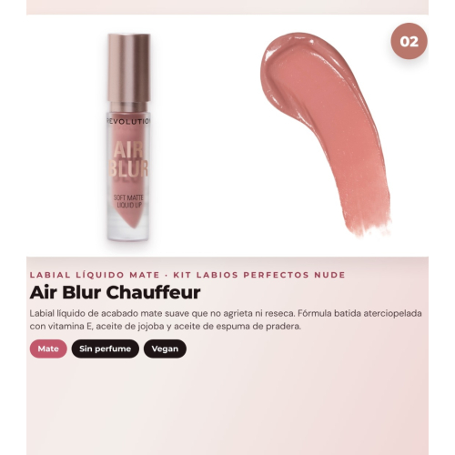 Makeup Revolution - Set mit Lippenkonturenstift Pout Liner - Chauffeur Nude + mattem flüssigem Lippenstift Air Blur - Chauffeur + volumisierendem Lipgloss Pout Bomb - Melba Warm Peach