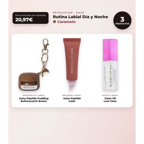 Makeup Revolution - Set aus Lippenmaske Juicy Peptide Pudding - Butterscotch Brown + Lippenbalsam Juicy Peptide - Latte + Lippenöl Glaze Oil - Lust Clear