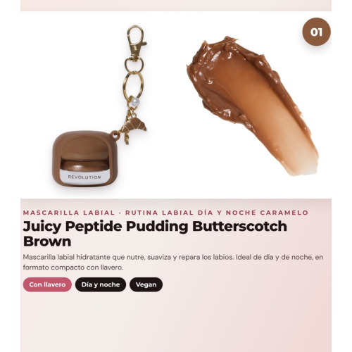 Makeup Revolution - Set aus Lippenmaske Juicy Peptide Pudding - Butterscotch Brown + Lippenbalsam Juicy Peptide - Latte + Lippenöl Glaze Oil - Lust Clear