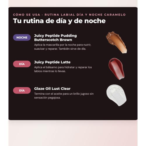 Makeup Revolution - Set aus Lippenmaske Juicy Peptide Pudding - Butterscotch Brown + Lippenbalsam Juicy Peptide - Latte + Lippenöl Glaze Oil - Lust Clear