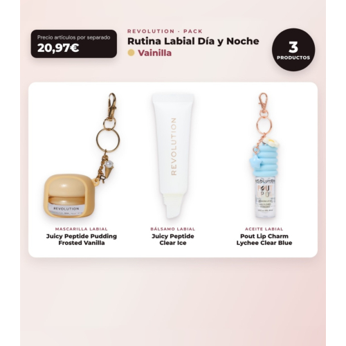 Makeup Revolution - Set aus Lippenmaske Juicy Peptide Pudding - Frosted Vanilla + Lippenbalsam Juicy Peptide - Clear Ice + Lippenöl Pout Lip Charm - Lychee Clear Blue
