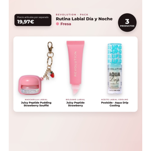 Makeup Revolution - Set aus Lippenmaske Juicy Peptide Pudding - Strawberry Soufflé + Lippenbalsam Juicy Peptide - Strawberry + Lippenöl Aqua Drip Cooling