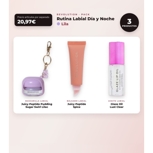 Makeup Revolution - Set aus Lippenmaske Juicy Peptide Pudding - Sugar Swirl Lilac + Lippenbalsam Juicy Peptide - Spice + Lippenöl Glaze Oil - Lust Clear