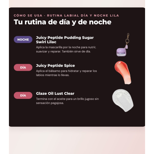 Makeup Revolution - Set aus Lippenmaske Juicy Peptide Pudding - Sugar Swirl Lilac + Lippenbalsam Juicy Peptide - Spice + Lippenöl Glaze Oil - Lust Clear