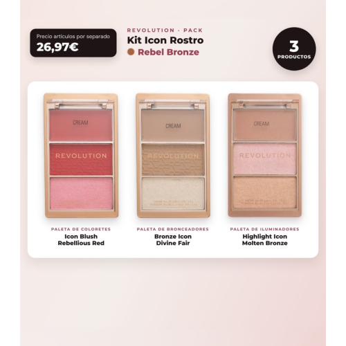 Makeup Revolution - Set aus Rouge-Palette Icon Blush - Rebellious Red + Bronzer-Palette Bronze Icon - Divine Fair + Highlighter-Palette Highlight Icon - Molten Bronze