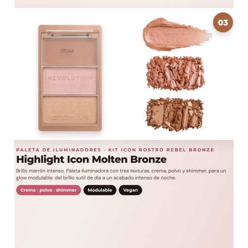 Makeup Revolution - Set aus Rouge-Palette Icon Blush - Rebellious Red + Bronzer-Palette Bronze Icon - Divine Fair + Highlighter-Palette Highlight Icon - Molten Bronze