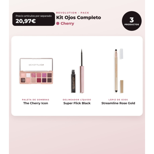 Makeup Revolution - Set aus Lidschattenpalette The Cherry Icon + Flüssiger Eyeliner Super Flick - Black + Augenstift Streamline Waterline Eyeliner Pencil - Rose Gold