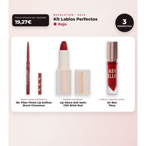 Makeup Revolution - Set mit Lippenkonturenstift IRL Filter Finish Lip Definer - Burnt Cinnamon + Satin Lippenstift Lip Allure Soft Satin + Mattes flüssiges Lippenprodukt Air Blur - Fiery