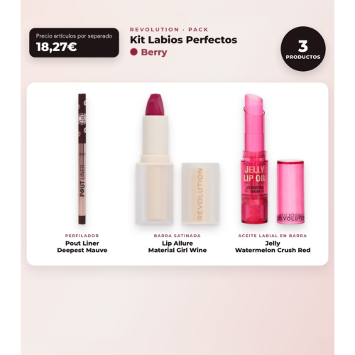 Makeup Revolution - Set de Profilierstift für Lippen Pout Liner - Deepest Mauve + Satinierte Lippenstift Lip Allure - Material Girl Wine + Lippenöl in Stiftform Jelly - Watermelon Crush Red