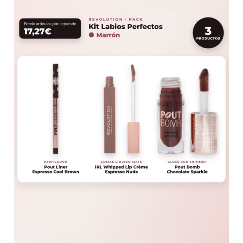 Makeup Revolution - Lippenkonturenstift-Set Pout Liner - Espresso Cool Brown + flüssiger Lippenstift IRL Whipped Lip Crème - Espresso Nude + Lipgloss mit Shimmer Pout Bomb - Chocolate Sparkle