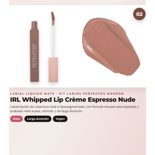 Makeup Revolution - Lippenkonturenstift-Set Pout Liner - Espresso Cool Brown + flüssiger Lippenstift IRL Whipped Lip Crème - Espresso Nude + Lipgloss mit Shimmer Pout Bomb - Chocolate Sparkle