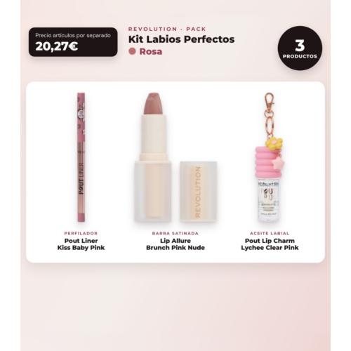Makeup Revolution - Lippenkonturenstift-Set Pout Liner - Kiss Baby Pink + Satinierte Lippenstift Lip Allure - Brunch Pink Nude + Lippenöl Pout Lip Charm - Lychee Clear Pink