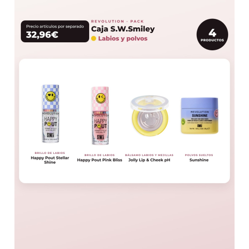 Makeup Revolution - Set *S.W.Smiley* - Lippen-Glanz Stellar Shine + Lippen-Glanz Pink Bliss + pH Lippen- und Wangenbalsam + lose Puder Sunshine
