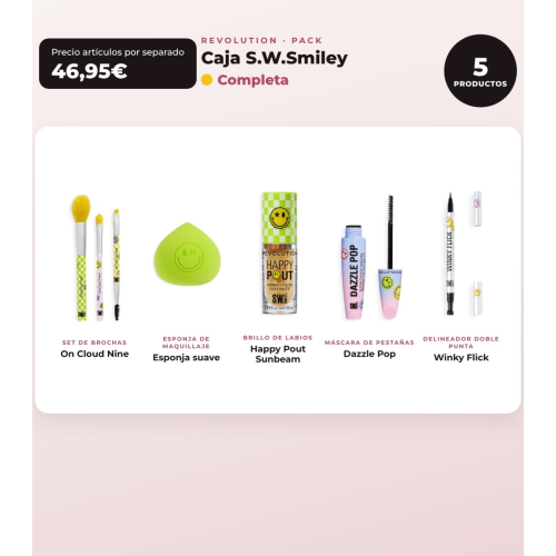 Makeup Revolution - Set *S.W.Smiley* - Pinsel On Cloud Nine + weicher Make-up-Schwamm + Lippenstift Happy Pout + Wimperntusche Dazzle Pop + Augenliner Winky Flick Double-Ended