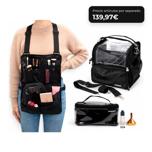 MQBeauty - Makeup Artist Set mit Schürze, transparentem Necessaire mit 24 Flaschen und Pinsel Tasche für professionelle Make-up-Artists und Studenten