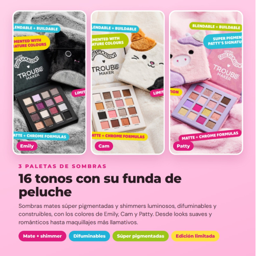 Trouble Maker x Squishmallows - Komplette Sammlung Limitierte Edition - 14 Produkte: 3 Lidschattenpaletten + Wimperntusche + 3 Lippenöle + 3 Lippenglosse + 4 Gesichtssprays