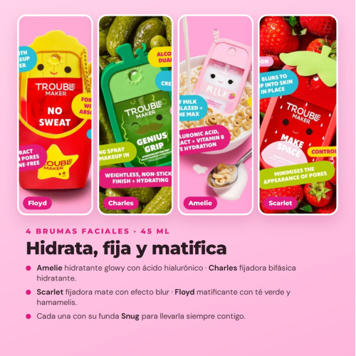 Trouble Maker x Squishmallows - Komplette Sammlung Limitierte Edition - 14 Produkte: 3 Lidschattenpaletten + Wimperntusche + 3 Lippenöle + 3 Lippenglosse + 4 Gesichtssprays