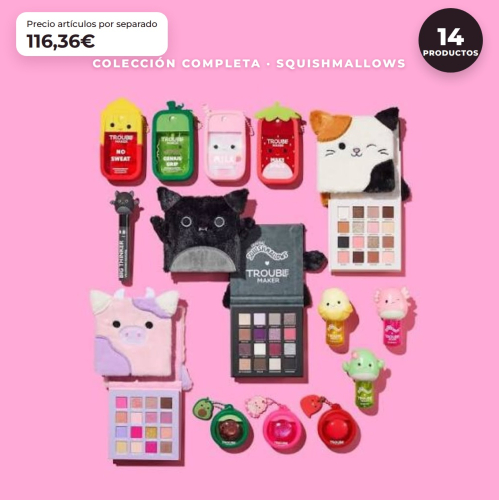 Trouble Maker x Squishmallows - Komplette Sammlung Limitierte Edition - 14 Produkte: 3 Lidschattenpaletten + Wimperntusche + 3 Lippenöle + 3 Lippenglosse + 4 Gesichtssprays